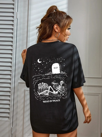 Damen Casual Oversized Schwarzes Kurzarm T-Shirt Mit Read In Peace Skelett Druck Dark Gothic Streetwear Sommer Tee