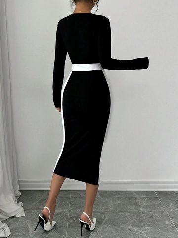 Vestido Midi Ajustado Elegante de Bloque de Color para Mujer Cuello Cuadrado Manga Larga Ajuste Delgado Rayas de Contraste Fiesta