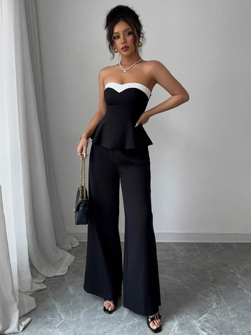 Damen Zweiteiler Elegant Schulterfrei Peplum Top Und Hohe Taille Weite Hose Schwarz Weiß Kontrast Anzug
