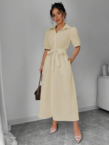 Vestido Camisero Elegante de Manga Corta para Mujer Color Sólido Vestido Maxi Abotonado Con Lazo en la Cintura Casual Oficina Verano Vestido Largo