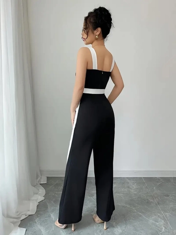 Mono Sin Mangas para Mujer Verano Bloque de Color Blanco Negro Cuello Cuadrado Pata Ancha Con Cinturón de Lazo Traje de Una Pieza