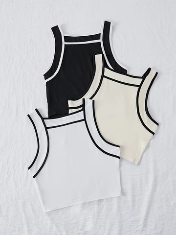 Women Sexy Square Neck Sleeveless Tank Top Contrast Binding Slim Fit Short Crop Top Black White Beige Polyester Spandex Top