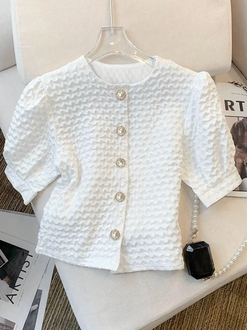 Elegant Women Seersucker Textured Blouse Round Neck Short Puff Sleeve Artificial Pearl Button Shirt Fashion Office Lady Summer Top