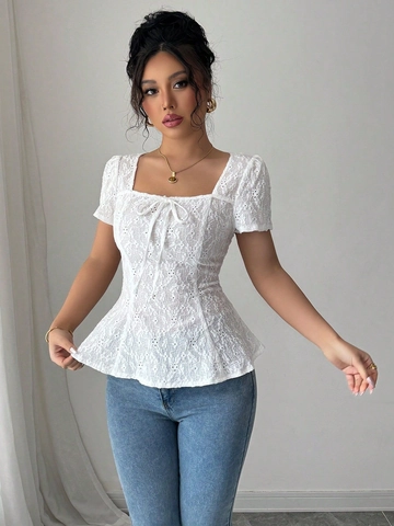 Elegante Blusa de Encaje Blanco para Mujer Cuello Cuadrado Lazo Manga Corta Top Peplum Floral Calado Bordado Blusa de Verano