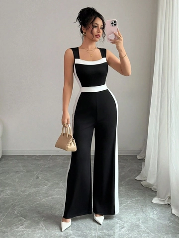 Combinaison Élégante Sans Manches Col Carré Femmes Couleur Contrastée Jambe Large Patchwork Pantalons Longs Vacances Quotidien