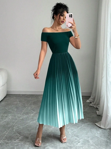 Damen Schulterfreies Plissee Maxi Kleid Elegant Kurzarm A-Linie Schlanke Passform Ombre Abendparty Lange Kleider