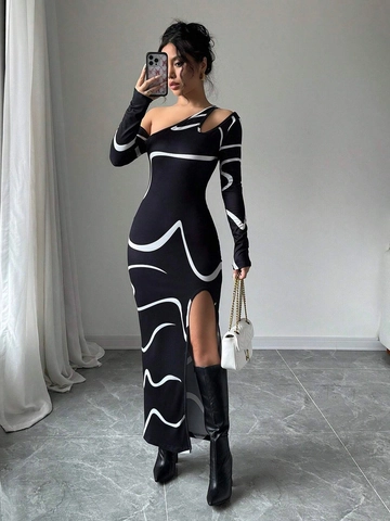 Elegante Vestido Maxi Con Estampado De Grafiti Y Hombros Descubiertos Para Mujer Manga Larga Asimétrica Abertura Lateral Ajustado