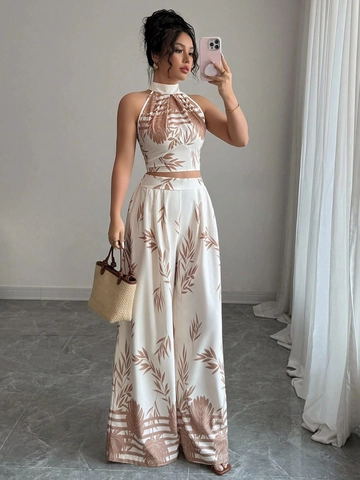 Dames Halter Crop Top En Wijde Pijpen Broek Set Tropische Bladeren Print Rugloos Twee Delige Vakantie Outfit Zomer Strand