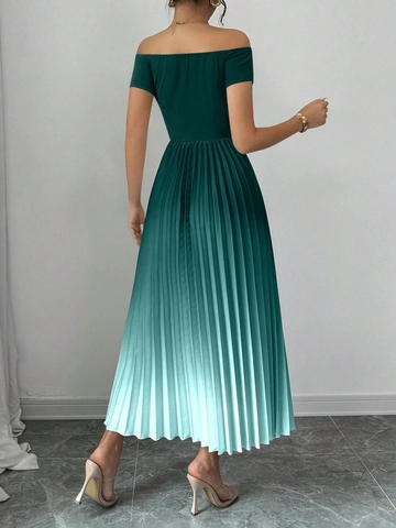 Damen Schulterfreies Plissee Maxi Kleid Elegant Kurzarm A-Linie Schlanke Passform Ombre Abendparty Lange Kleider