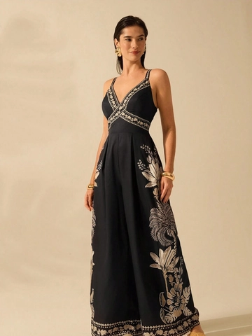 Tuta Lunga da Donna Elegante Scollo a V Senza Maniche con Cinturino Nera Gamba Larga Ricamo Floreale Tropicale Estate Vacanza