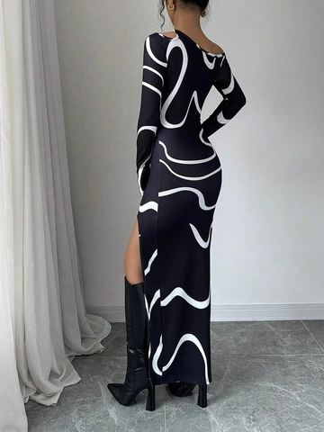 Elegante Vestido Maxi Con Estampado De Grafiti Y Hombros Descubiertos Para Mujer Manga Larga Asimétrica Abertura Lateral Ajustado