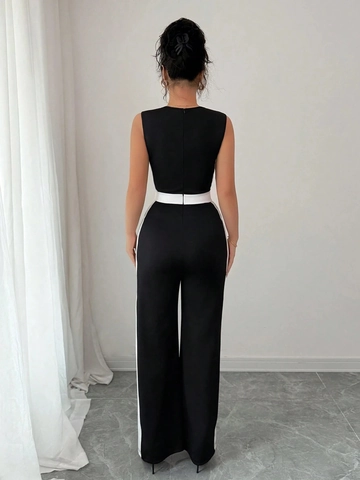 Combinaison Élégante Sans Manches Col Carré Femmes Couleur Contrastée Jambe Large Patchwork Pantalons Longs Vacances Quotidien