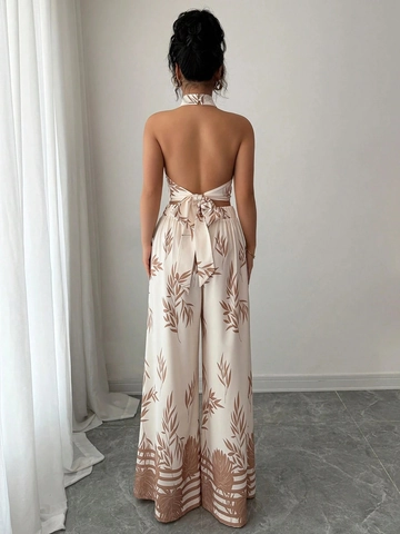Dames Halter Crop Top En Wijde Pijpen Broek Set Tropische Bladeren Print Rugloos Twee Delige Vakantie Outfit Zomer Strand