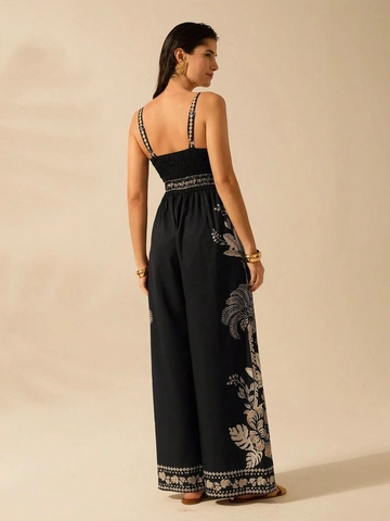 Tuta Lunga da Donna Elegante Scollo a V Senza Maniche con Cinturino Nera Gamba Larga Ricamo Floreale Tropicale Estate Vacanza