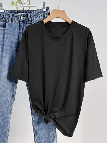 Women Casual Solid Color Short Sleeve T-Shirt Loose Round Neck Milk Silk Dropped Shoulder Knotted Hem Summer Basic Top