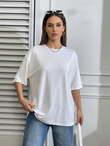 T-Shirt Manches Courtes Oversized Décontracté pour Femmes Minimaliste Couleur Unie Col Rond Streetwear Soie de Lait Top Ample
