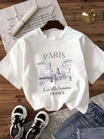 Women Casual Short Sleeve Crew Neck T-Shirt Paris City Sketch Print Loose Cotton-like Streetwear Summer Fashion Top