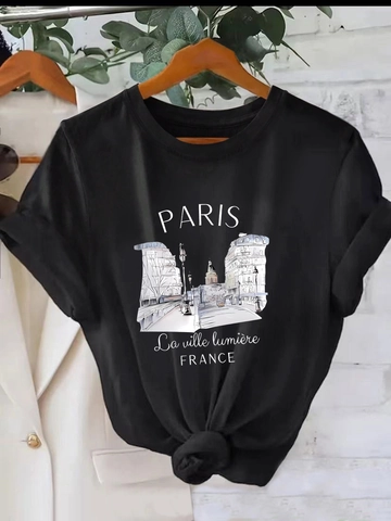 Damen Casual Rundhals Kurzarm T-Shirt Mit Paris Stadt Print Lockere Passform Milchseide Street Style Sommer Tee Top