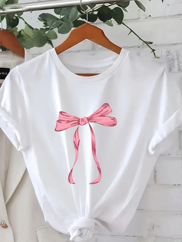 T-Shirt Décontracté à Col Rond et Manches Courtes pour Femmes Imprimé Nœud Rose Ourlet Noué Streetwear Haut d'Été