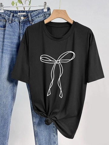 Women Round Neck Short Sleeve T-Shirt Loose Fit Milk Silk Fabric White Bow-knot Graphic Print Fashion Summer Top Black