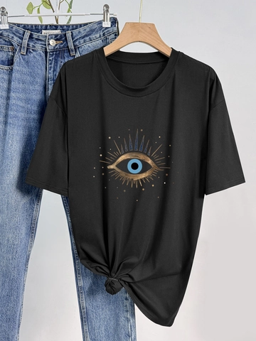 Dames Boze Oog Grafische Print T-Shirt Casual Korte Mouwen Ronde Hals Zomer Los Katoenmix Streetwear Pullover Top