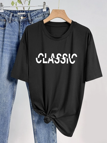 Women's Casual Crew Neck Short Sleeve T-Shirt Classic Letter Print Loose Knotted Hem Milk Silk Fashion Top