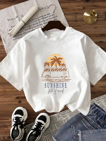 Damen Casual Rundhals Kurzarm T-Shirt Vintage Tropisch Sonnenuntergang Palme Print Sunshine State of Mind Sommer Top