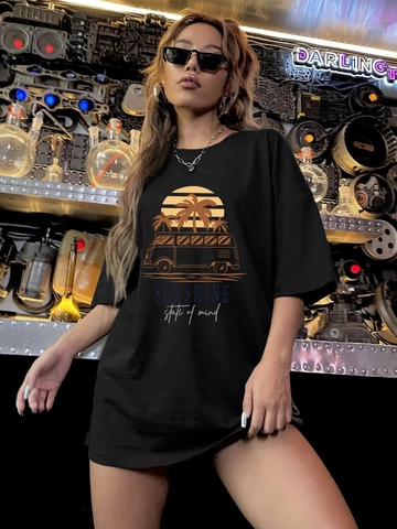 Women's Oversized T-Shirt Round Neck Short Sleeve Vintage Sunshine Palm Tree Print Loose Streetwear Summer Polyester Top