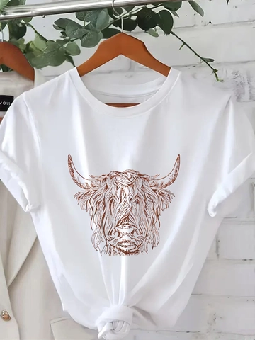 Damen Casual Hochlandrind Druck T-Shirt Rundhals Kurzarm Lockere Passform Baumwollmischung Streetwear Sommer Mode Tee Top