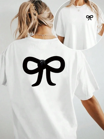 Maglietta Larga Casual da Donna in Seta di Latte Manica Corta Girocollo Top Nero Bianco Stampa Fiocco Streetwear Moda Tee
