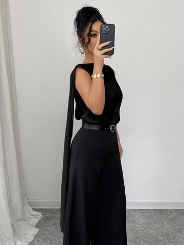 Elegant Women Satin Sleeveless Blouse One Shoulder Long Streamer Top Boat Neck Solid Color Summer Fashion Office Lady Vest