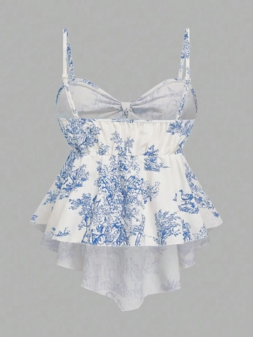 Women's French Retro Blue Toile De Jouy Floral Print Peplum Camisole Top Bow Decor Sleeveless Summer Vacation Blouse