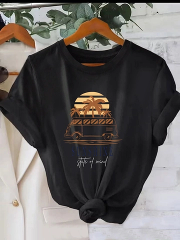 Women Casual Short Sleeve Crew Neck T-Shirt Retro Sunset Palm Tree Van Print Loose Fit Summer Milk Silk Tee Top