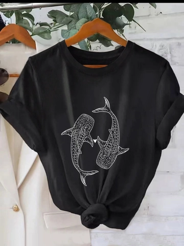 T-Shirt Femme Décontracté Imprimé Requin Baleine Cœur Soie de Lait Col Rond Manches Courtes Streetwear Été