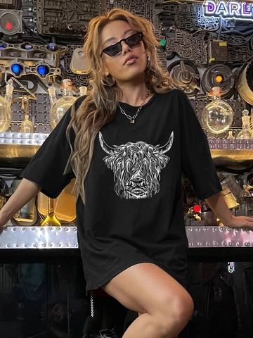 T-Shirt Oversize da Donna con Spalle Calate in Tessuto Seta di Latte Stampa Mucca delle Highland Streetwear Casual Girocollo a Maniche Corte