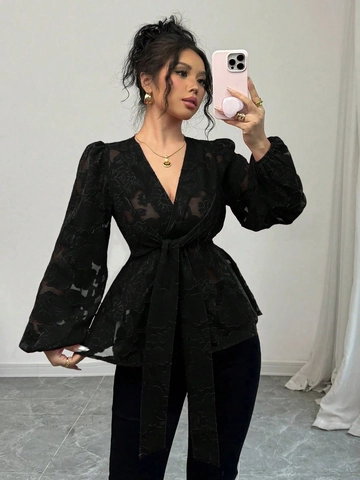 Women's Sexy V-Neck Floral Jacquard Lace Long Sleeve Blouse Elegant Peplum Waist Tie Semi Transparent Top