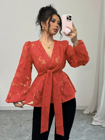 Women's Sexy V-Neck Floral Jacquard Lace Long Sleeve Blouse Elegant Peplum Waist Tie Semi Transparent Top