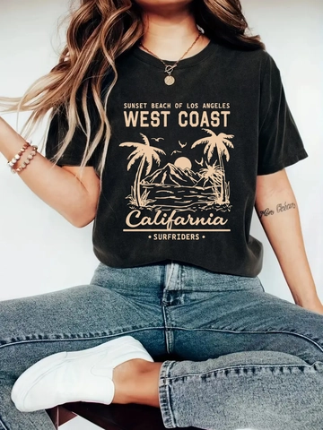 Maglietta Grafica West Coast California da Donna Retro Tramonto Palme Stampa Manica Corta Girocollo Oversized Casual Estivo Top