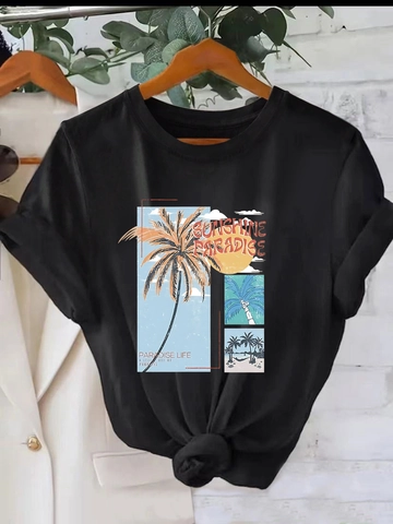 Damen Casual Rundhals Kurzarm T-Shirt Tropischer Palmen-Print Lockeres Sommer Polyester Top Für Den Täglichen Streetwear