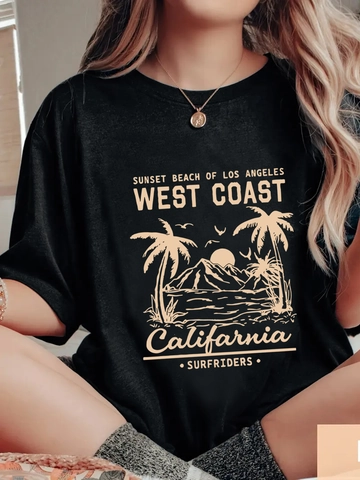 Maglietta Grafica West Coast California da Donna Retro Tramonto Palme Stampa Manica Corta Girocollo Oversized Casual Estivo Top