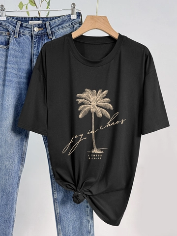 Dames Casual Oversized Ronde Hals T-Shirt met Korte Mouwen Gouden Palmboom Joy In Chaos Print Melkzijde Pullover Zomer Top
