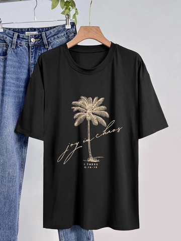 Dames Casual Oversized Ronde Hals T-Shirt met Korte Mouwen Gouden Palmboom Joy In Chaos Print Melkzijde Pullover Zomer Top