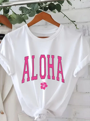 Women's Casual Aloha Printed T-Shirt Short Sleeve Round Neck Summer Vacation Loose Top With Hibiscus Flower Knot Hem