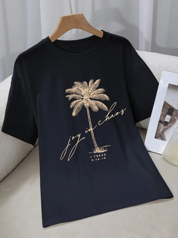 Damen Casual Rundhals Kurzarm T-Shirt Lockerer Schnitt Polyester Top Palmen Buchstaben Druck Streetwear Alltagskleidung