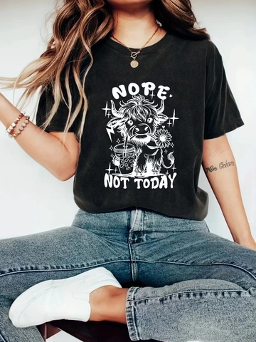 T-Shirt da Donna Casual Nope Not Today con Stampa di Mucca delle Highlands Girocollo Manica Corta Streetwear Top