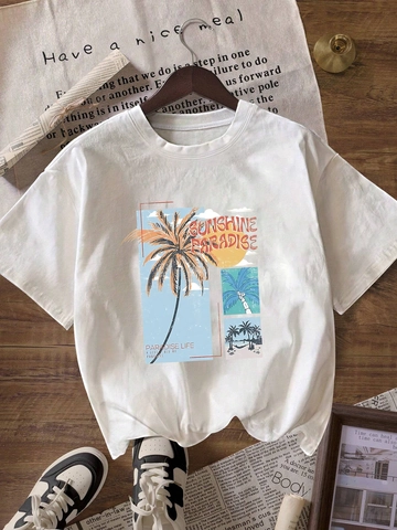 Women Casual Polyester T-Shirt Vintage Palm Tree Sunset Print Sunshine Paradise Round Neck Short Sleeve Summer Top