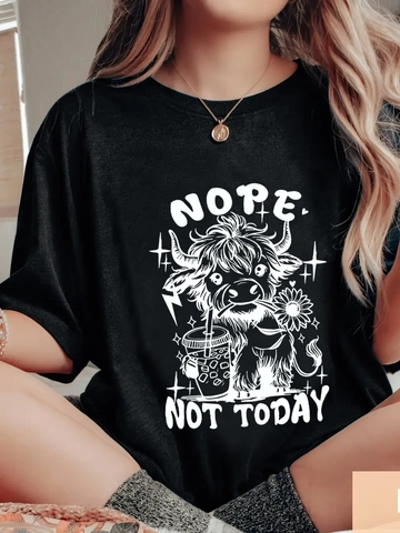 T-Shirt da Donna Casual Nope Not Today con Stampa di Mucca delle Highlands Girocollo Manica Corta Streetwear Top