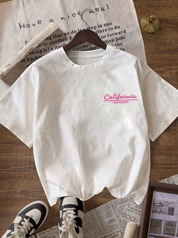 Women Retro California Printed Polyester T-Shirt Casual Round Neck Short Sleeve Summer Top For Vacation Daily Wear