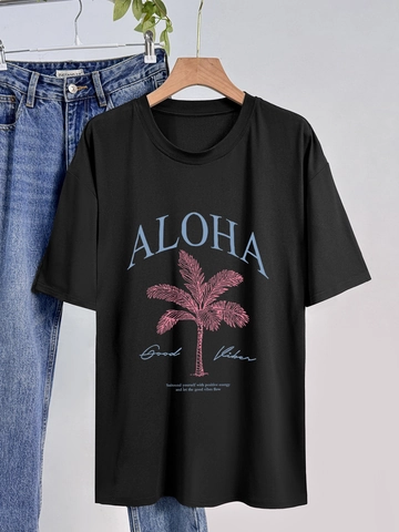Damen Casual Kurzarm Rundhals T-Shirt ALOHA Buchstaben Palme Druck Locker Mode Streetwear Sommer Tee Top