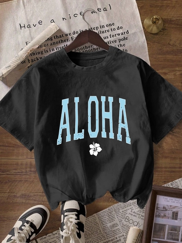 T-Shirt Casual à Manches Courtes pour Femmes Coupe Large Col Rond Aloha Lettre Fleur Imprimé Streetwear Été
